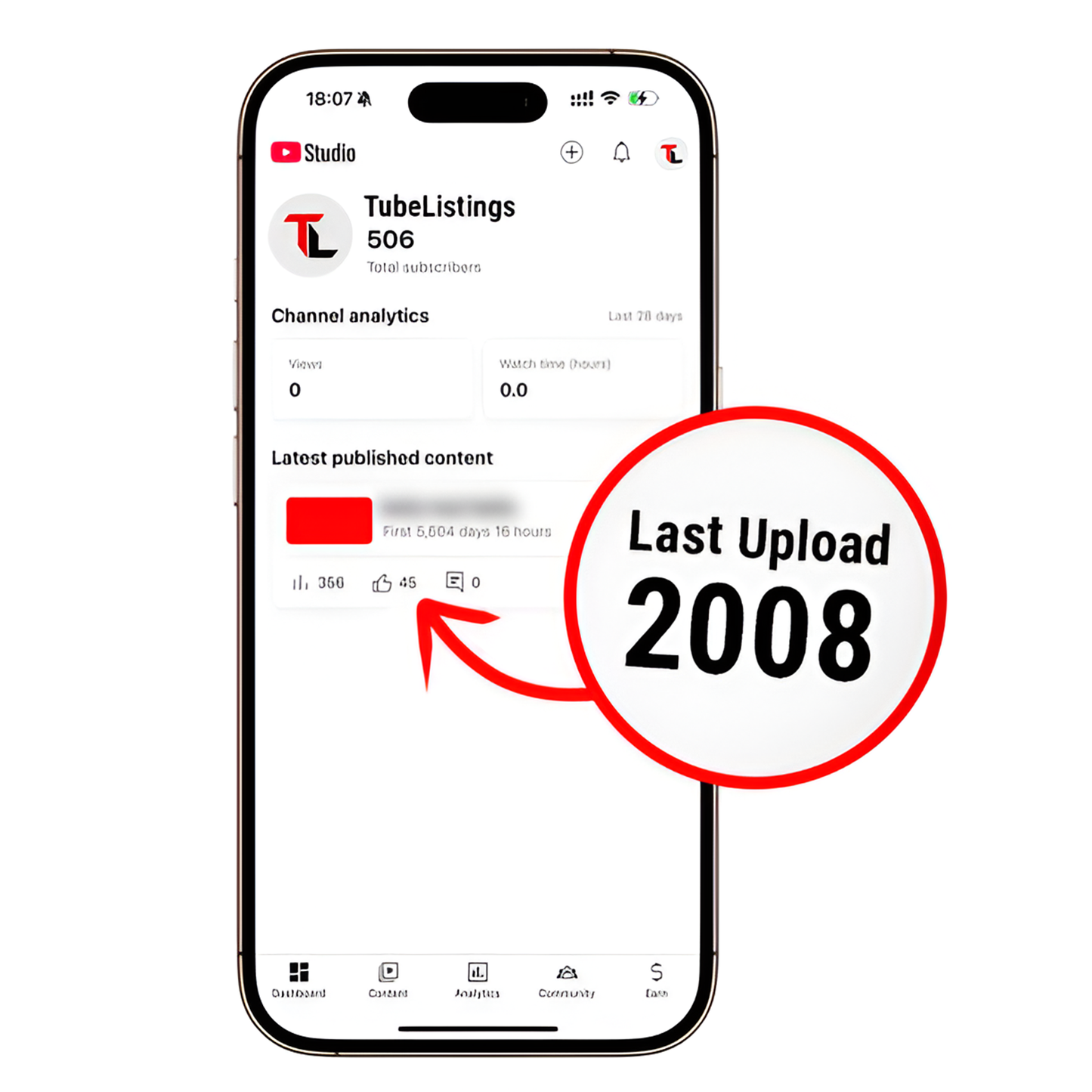 Mobile screen showing TubeListings YouTube channel analytics with last upload in 2008 to buy aged YouTube account