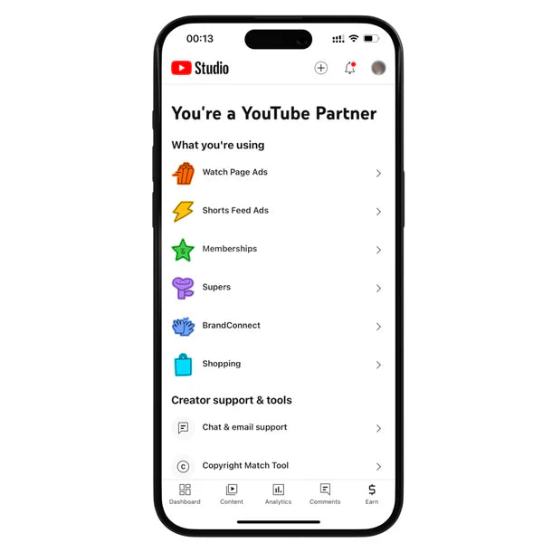Mobile screen showing YouTube Studio dashboard for YouTube Partner with monetization features to buy monetized YouTube account