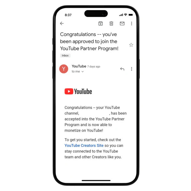 Buy monetized YouTube account approved for YouTube Partner Program displayed on smartphone screen